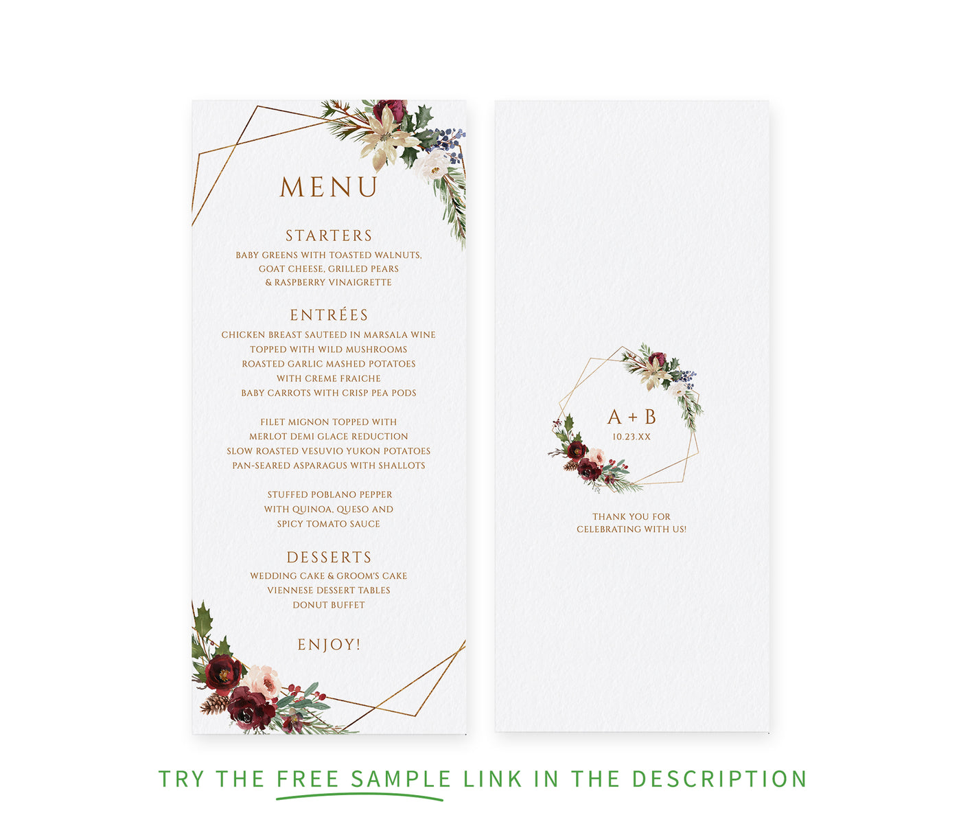 Printable Winter Wedding Menus