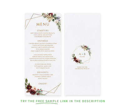 Printable Winter Wedding Menus